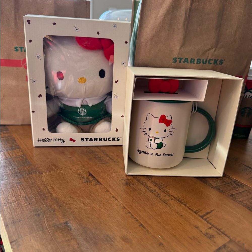Starbucks Hello Kitty Mug and Plush Set with Red and Green Accents